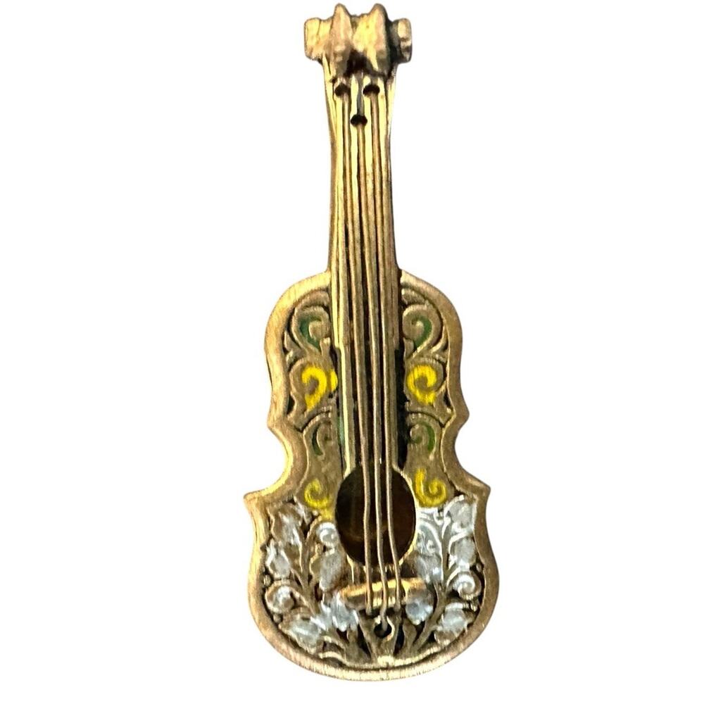 Vintage Damascene Spain Guitar Brooch Musical Instrument Enameled Brass Metal